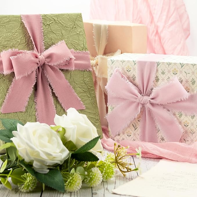 Pink & Ivory Cotton Ribbon 1-1/2 Inch Dusty Pink, Soft Pink & Cream 3 Rolls 21 Yards Frayed Edge Fabric Set for Rustic Wedding Decor, Engagement Party, Bridal Bouquet Wrap & Gift Wrapping