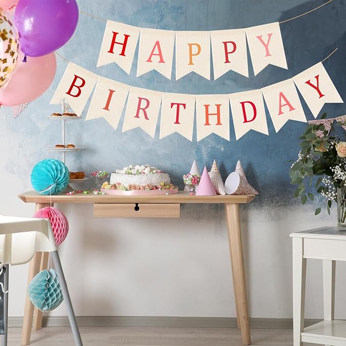 Doumeny Happy Birthday Burlap Banner Boho Birthday Garland Banner Red Bohemian Theme Hanging Bunting White Happy Birthday Bunting Garland Colorful Birthdays Sign Flag for Women Men Kid Party Backdrop