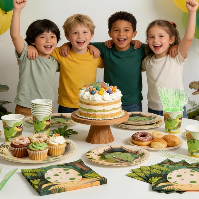 144Pcs Dinosaur Egg Birthday Party Supplies Decorations Dino Themed Paper Plates Napkins Vintage Dinosaur Party Tableware Disposable Dinnerware for Boy Kid Birthday Baby Shower Table Decor, Serve 24