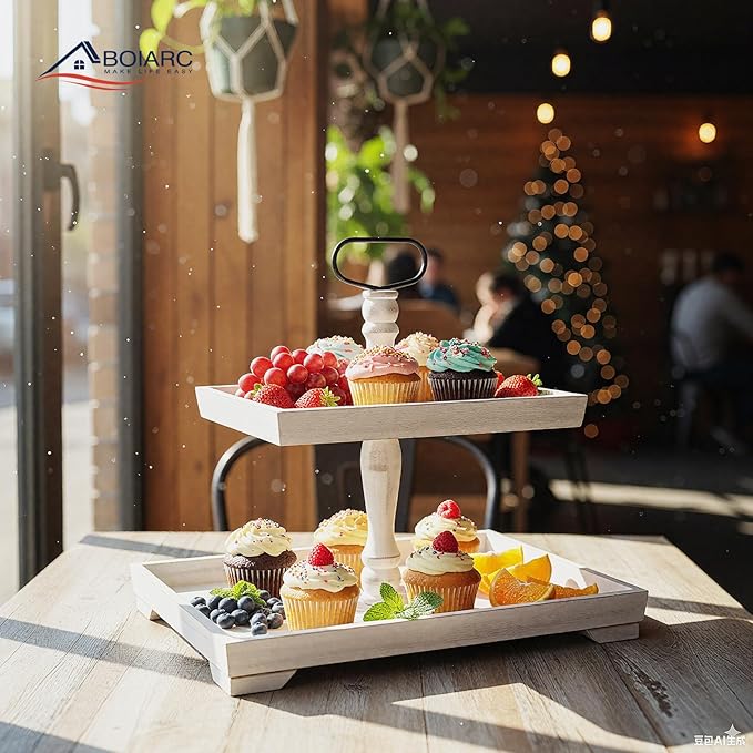 Rustic Wooden 2 Tiered Tray Stand, Farmhouse Tiered Serving Tray Decor, Rectangle Wood Display Stands for Food Fruits Cupcake and Seasonal Festive Decorations (White)