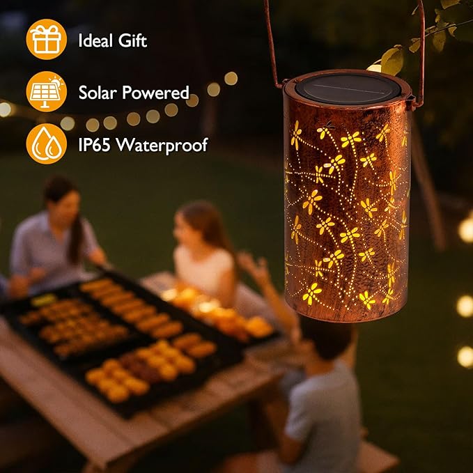 Homemory Dragonflies Solar Lanterns Outdoor Waterproof, Birthday Gifts for Women Mom Grandma, LED Solar Lights Metal Decoration Outside for Yard, Patio, Backyard, Porch, Lawn