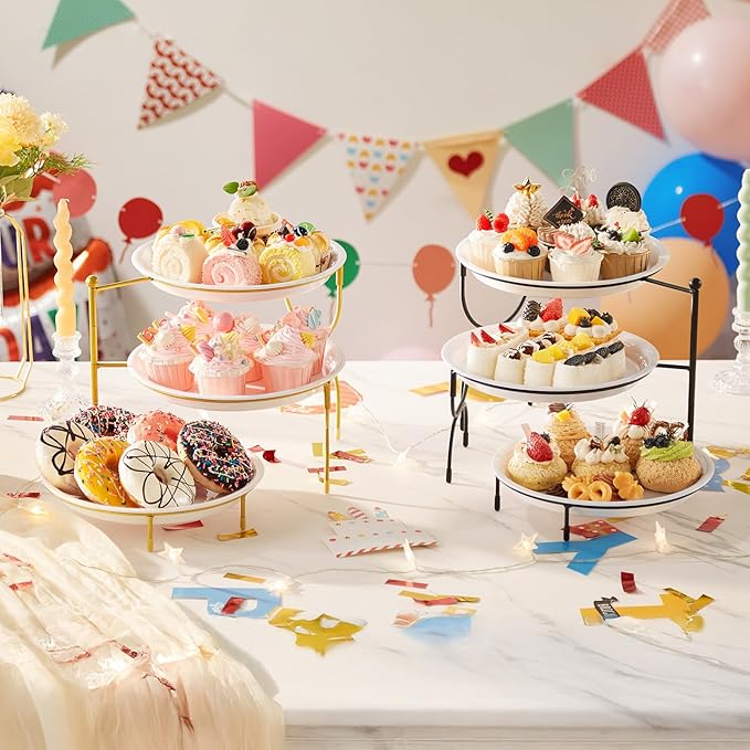 Lifewit Plastic 3 Tier Serving Tray for Party, 25 cm/10" White Reusable Round Serving Platters with Black Collapsible Metal Stand, Decorative Dessert Table Display Set for Veggie, Fruit, Cookies