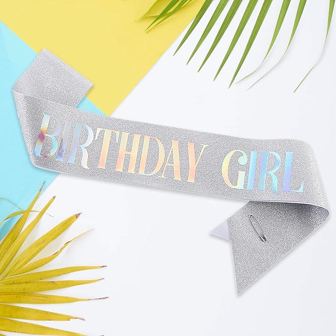 Birthday Sash for Girl, Dazzle Foil Letter Glitter Silver Birthday Sash for Women Girl Kids Teenager Bday Gifts Party Favors Photo Prop