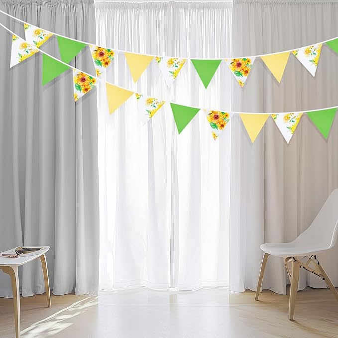G2PLUS 39Ft Triangle Bunting Banner, Yellow & Green Sunflower Garland Pennant Banner, Reusable Cotton Triangle Flags Party Decoration for Garden Party, Fall Decor & Outdoor Celebrations
