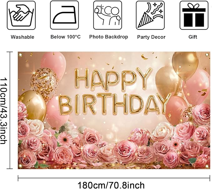 Mocsicka Rose Gold Birthday Backdrop Pink Balloon Floral Decorations for Women Girls Gold Anniversary Party Photography Background (Rose Gold, 70.8 x 43.3 Inch)