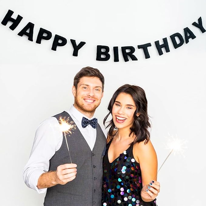 Meygajoe Pre-Strung Felt Happy Birthday Banner,Reusable HAPPY BIRTHDAY Garland,Birthday Banner Decorations,Personalized Happy Birthday Sign for Birthday Decor,Party Decor,Photo Prop (Black) M-123