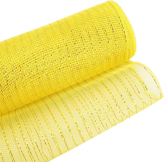 3 Rolls Yellow Deco Mesh Ribbon for Wreath Making Supplies, 10 Inch x 30FT Metallic Foil Burlap Deco Mesh Fabric for Easter Christmas Tree Fall Thanksgiving Wreath Swags and Decorating