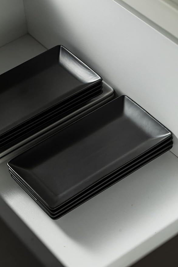 YHOSSEUN Ceramic Serving Platters Set of 4, Rectangular Serving Platters and Trays for Food, Sushi, 9.8 In Serving Dishes for Entertaining, Matte Black Serving Plate Halloween Table Decor