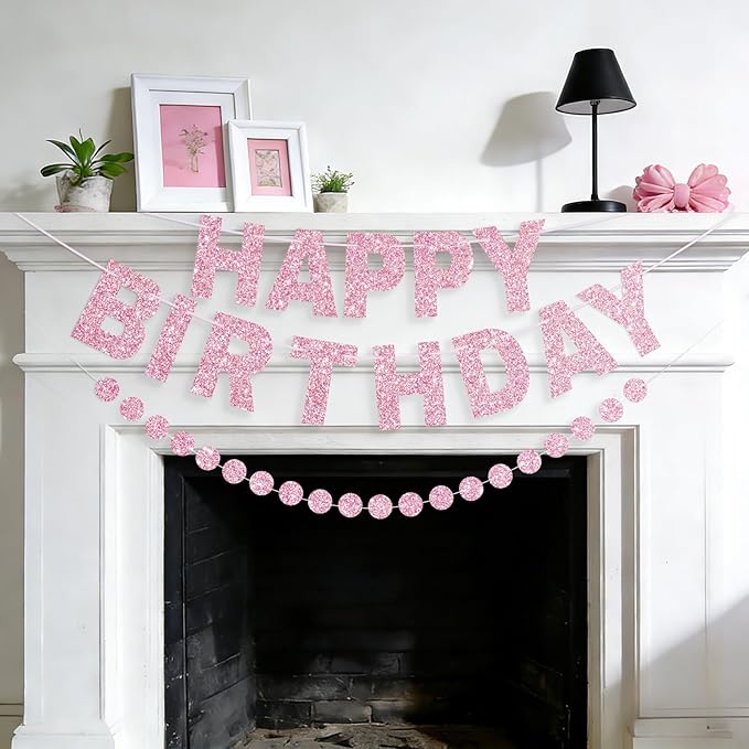 Happy Birthday Banner Pre-Strung Birthday Party Decorations NO DIY Glitter Happy Birthday Sign Circle Dots Garland Birthday Hanging Decorations for Women Men Birthday Party Supplies (Pink)
