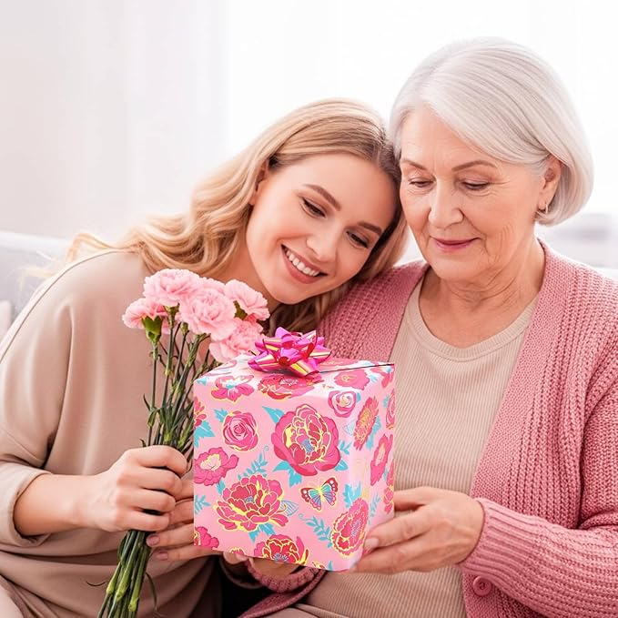 WERNNSAI Mothers Day Wrapping Paper - 1 Roll 17” x 33 ft Mother’s Day Wrapping Paper Pink Floral Gift Wraps Roll Pink Rose Metallic Foil Design for Women Mom Birthday