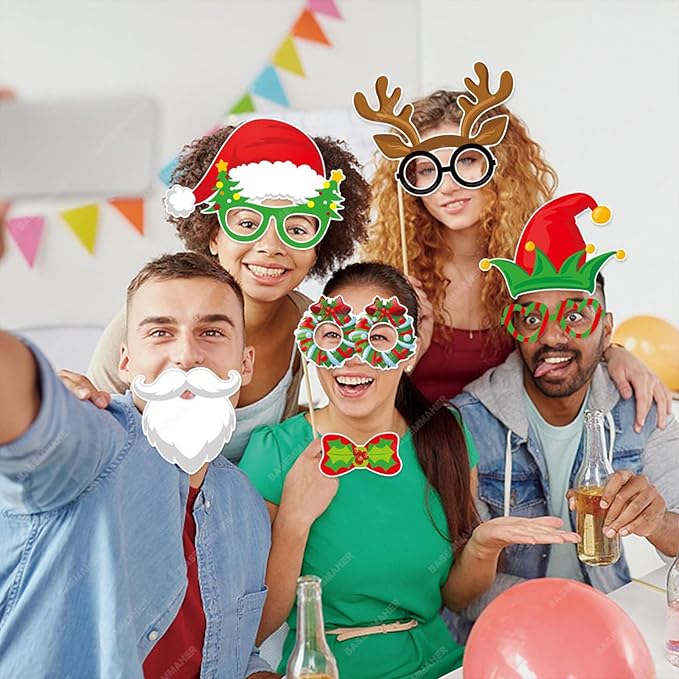 32Pcs Christmas Photo Booth Props Xmas Props for Photoshoot Fun Santa Claus Snowman Elk Glasses Beard Selfie Posing Signs Accessories for Birthday New Year Holiday Photography Decor