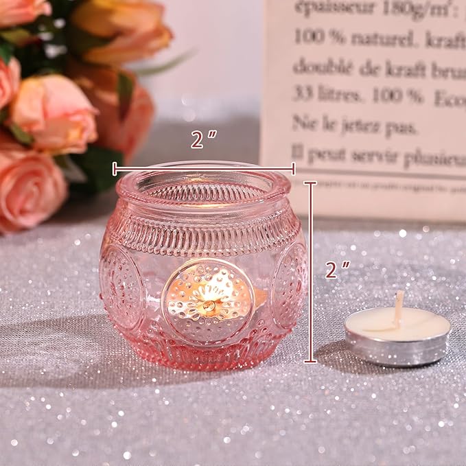 24 Pcs Pink Candle Holder for Bridal Shower, Wedding Table Decorations- Floral Style Pink Votive Candle Holder, Centerpieces for Birthday, Engagement Party Decor