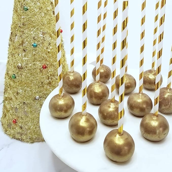 Disposable Gold and White Paper Drinking Straw, Pack of 100 Foil Gold Striped Straws for Cocktail, Cake Pop Sticks, Brithday, Wedding, Christmas Party Decoration