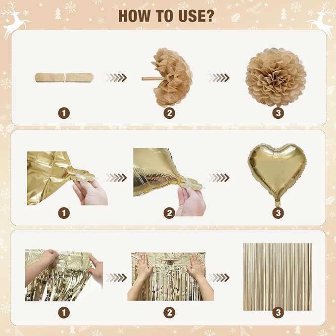 Gold Birthday Decorations for Women, Happy Birthday Party Decorations, Happy Birthday Banner, Gold White Sand Ivory Balloons, Tissue Paper Pompoms, Heart Garland, Party Decor for Girls