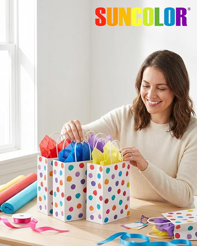 SUNCOLOR 24 Pack Small Paper Gift Bags, Colorful Polka Dot Design, 8.7 x 6.3 x 3.15 Inch, with Handles for Birthday Party Favors