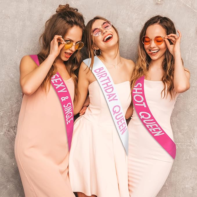 10 Pcs Birthday Queen Sashes for Women, Funny Happy Birthday Squad Sash for Girls Sweet 16,18th 21st 30th 40th 50th or Any Other Bday Party Supplies Decorations Jokes and Favors (Pink + White)