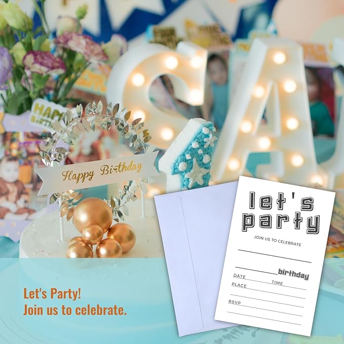 Let's Party Birthday Invitations, Simple Black and White Design Invites with Envelopes for Kids Boys Girls Teens, 25 Pcs 4x6 Inch (Black Simple)