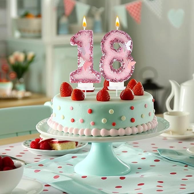 18Th Birthday Candles,Glitter Butterfly Cake Toppers Pink Sequins Wedding Numeral Cupcake Decorations,Suitable for Girl and Boy Wedding Cakes, Party Celebrations, Birthday Decorations (18)