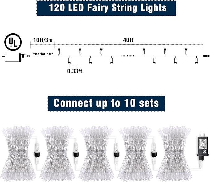 40ft 120 LED Easter String Lights 8 Modes Clear Wire Connectable Twinkle Fairy Light Plug in for Bedroom Wedding Party Easter Christmas Decorations, Pastel