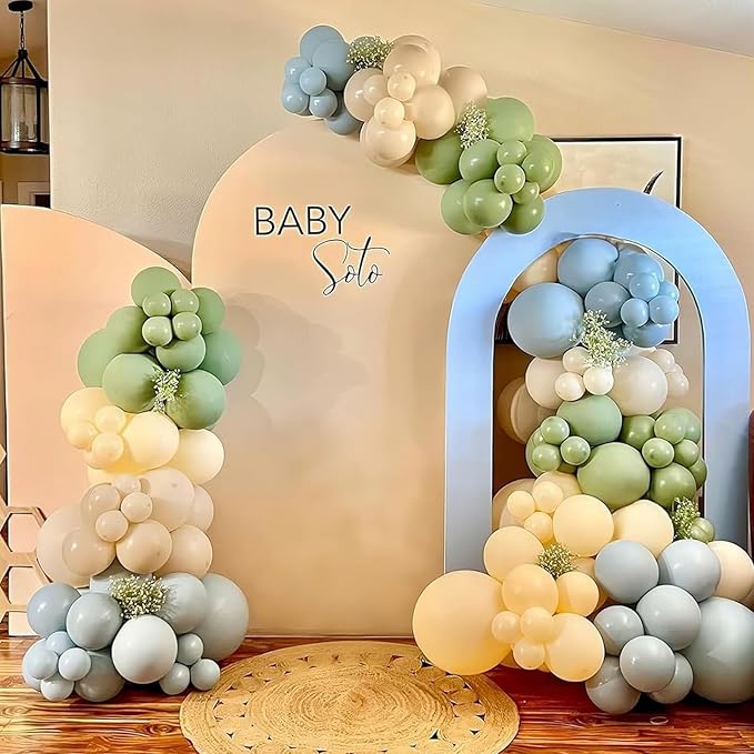HILAVO Sage Green Dusty Blue Yellow Balloon Garland 126 Pcs Slate Blue Olive Green Yellow Sand White Cream Party Latex Balloons Arch Kit for Bridal Birthday Wild Party Deocration