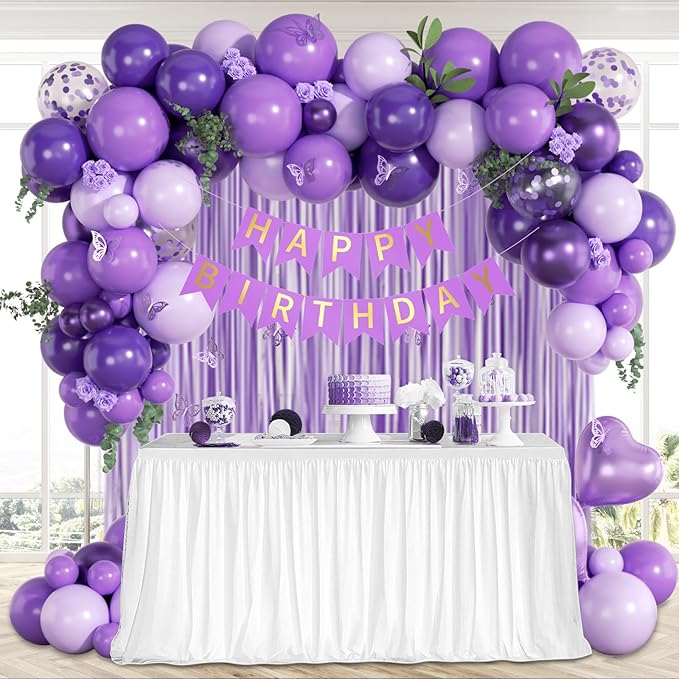 Purple Birthday Decorations for Women with Metallic Dark Pastel Purple Confetti Foil Balloons Fringe Curtain Banner for Women Birthday Decorations
