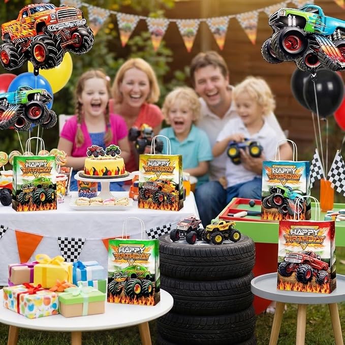 24 Pcs Monster-Truck Party Favor Bags with Handles - Racing Truck Goodie Bags Gift Bags. Checkered Theme Candy Bags for Kids, Kraft Paper Bags for Birthday Party Supplies Decorations