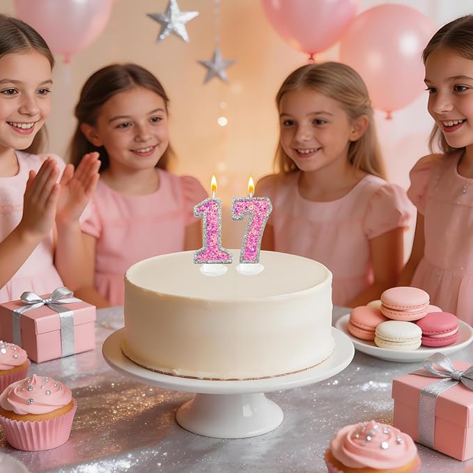 Number 7 Birthday Candle for Cake – Silver Glitter Edge with Pink Star Confetti – Decorative Number Cake Topper for Anniversary & Celebration Party Decor