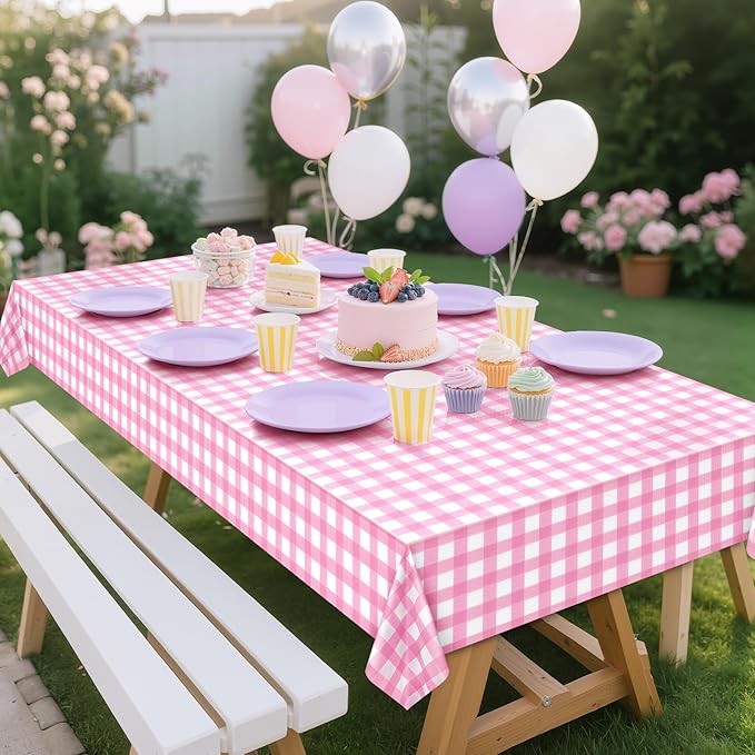 2 Pack Pink Striped Gingham Tablecloths, 54 x 108 Inch Disposable Plastic Rectangle Table Covers, Waterproof Pink and White Checkered Pink Table Cloths for Picnic, Birthday, Party, Outdoor Events