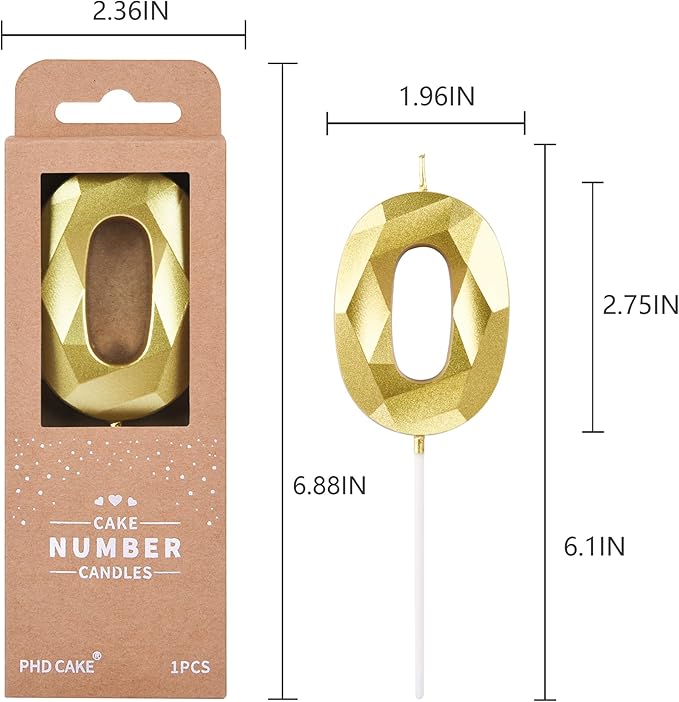 PHD CAKE 2.76 Inch Crystal Gold 0 Number Birthday Candles, Gold Number Candles, Cake Number Candles, Party Celebration