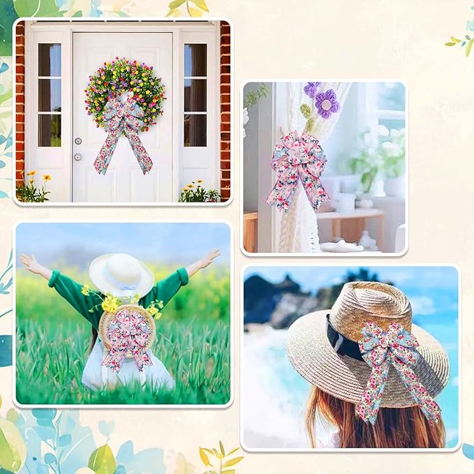 Spring Floral Wired Edge Ribbon, Watercolor Vintage Flower Ribbon with Pink Rose Design Ribbon for Wreath, Bow Making, DIY Crafts, Wrapping and Making Rose Petals,4 Rolls, 20 Yard (Pink-Blue)