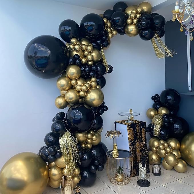 Black and Gold Balloons with 3pcs Starburst Balloons, 5 10 12 18 inch Black and Gold Balloons Garland Arch Kit for Birthday, 2026 New Years, Graduation and Anniversary Decorations Supplies