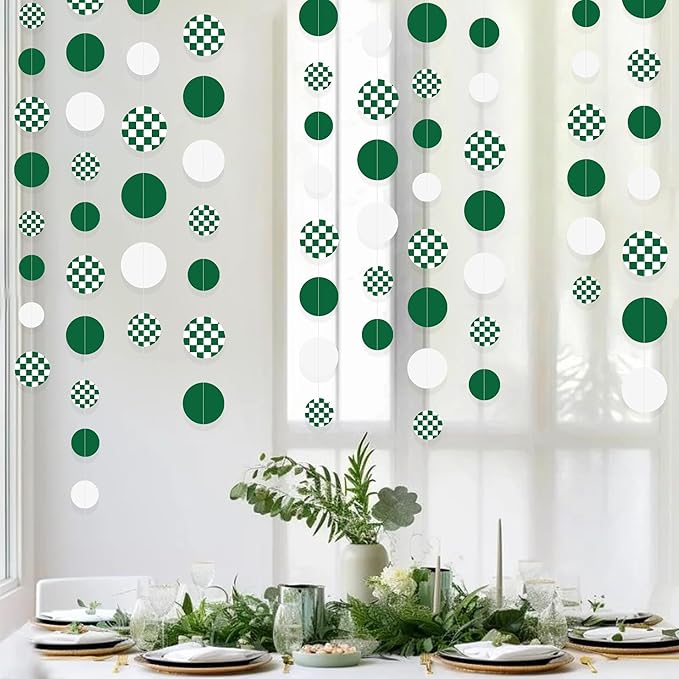Green Party Decorations White Green Checkered Circle Dots Streamer Hanging Paper Polka Dot Garland for Birthday Wedding Baby Shower Bachelorette Christmas Dinosaur Arbor Day Picnic Golf Party Supplies