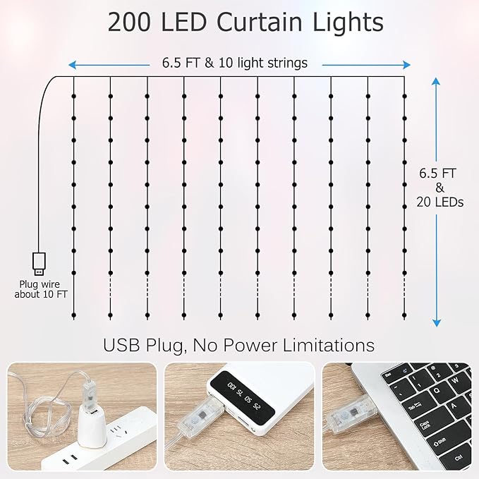 LED Curtain Lights, 6.5ft x 6.5ft 200 LED RGB Color Changing String Fairy Lights Curtain with Smart APP Control, Music & Voice Sync for Bedroom Backdrop Indoor Outdoor Christmas Decorations