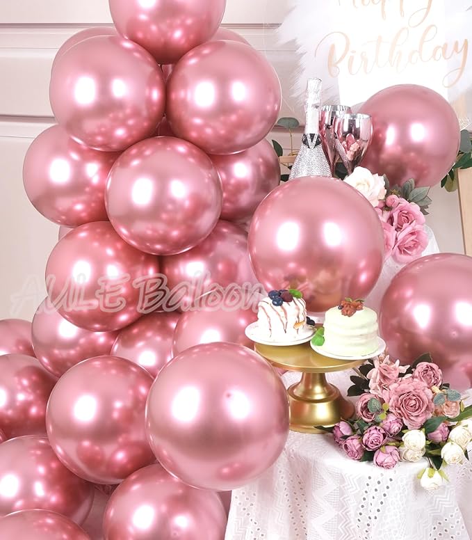 AULE Party Balloons 50 Pcs 12 inch Pink Metallic Chrome Helium Shiny Latex Thicken Balloon Perfect Decoration for Wedding Birthday Baby Shower Graduation Carnival