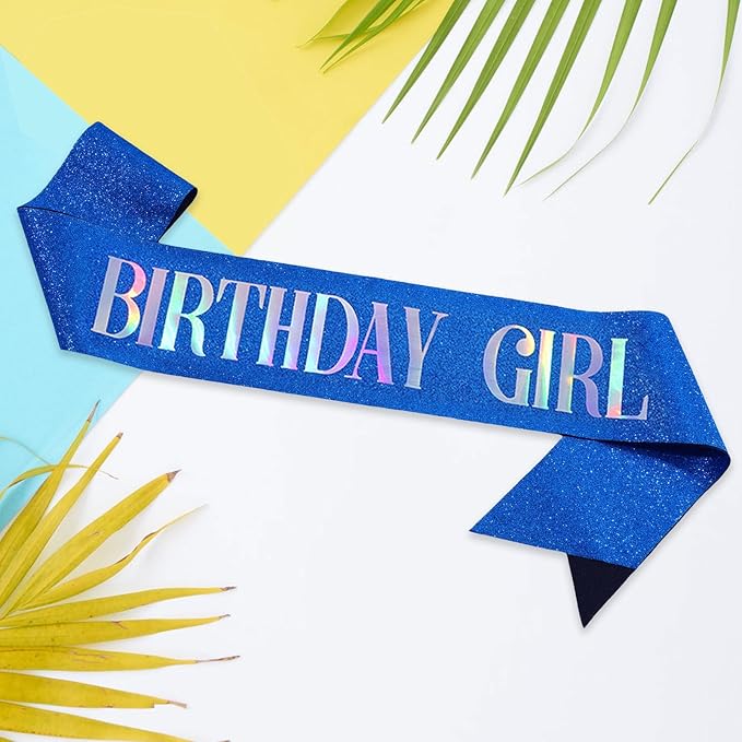 Birthday Sash for Girl, Dazzle Foil Letter Glitter Royal Blue Birthday Sash for Women Girl Kids Teenager Bday Gifts Party Favors Photo Prop