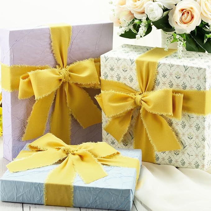 Yellow Cotton Ribbon 1-1/2 Inch Mustard Yellow 3 Rolls 21 Yards Frayed Edge Fabric Set for Wedding Decor, Bridal Bouquet Wrap, Baby Shower, Gift Wrapping & Fall Decor