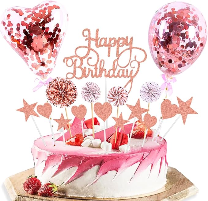Daimay Pink Birthday Cake Topper Supplies Acrylic Glitter 3rd Happy Birthday Cake Deco with Confetti Balloon Paper Fans Stars Firework Cupcake Toppers for Baby Shower Birthday Party - Rose Gold 3