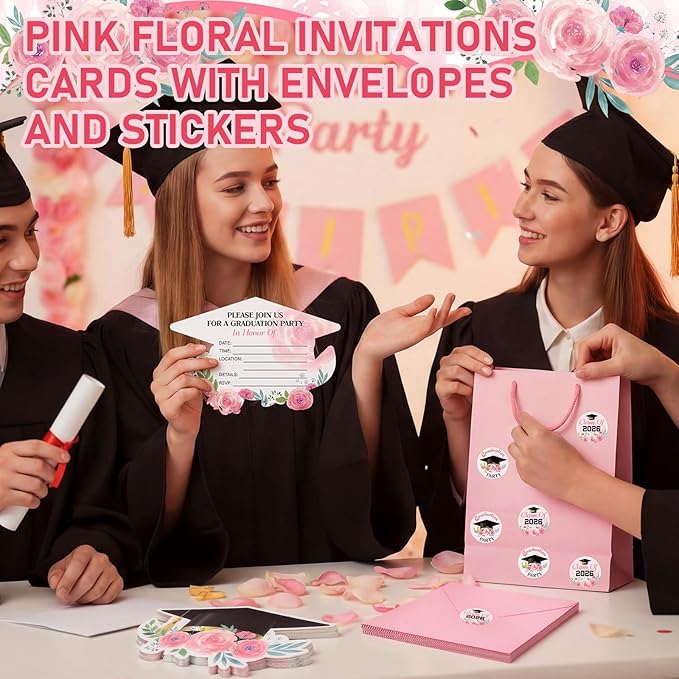 Marspark 25 Pcs Graduation Party Invitations Set Pink Floral Grad Cap Invitation Cards with Envelopes & Stickers Class of 2026 Graduation Party Supplies for Senior Graduate Celebration 5 x 6 Inch