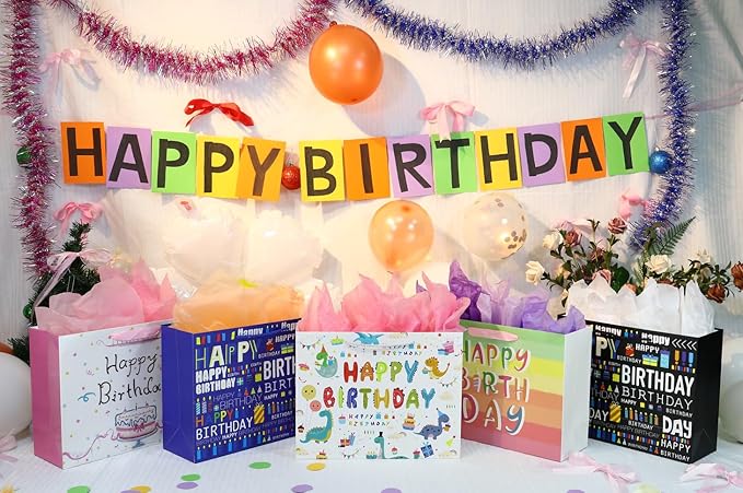 Oletx 13" Rainbow Gift Bags Happy Birthday Party Favor Paper Bags Set with Tissue Paper Greeting Card for Women' Birthday Party, Wedding, Anniversaries, Mother's Day