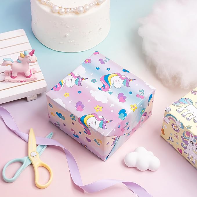 WRAPAHOLIC Unicorn Birthday Wrapping Paper Roll - 3 Short Roll - Rainbow Unicorn Wrapping Paper for Kids Boys Girls Birthday, Baby Shower - 17 Inch x 120 Inch Per roll