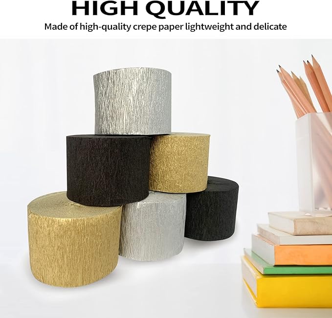 Crepe Paper Streamers 6 Rolls 492ft, Pack of 2 Gold, 2 Silver, 2 Black - Streamers Party Decorations Streamers (1.8 Inch x 82 Ft/Roll),for Party Decorations Birthday Decorations, Wedding Decorations