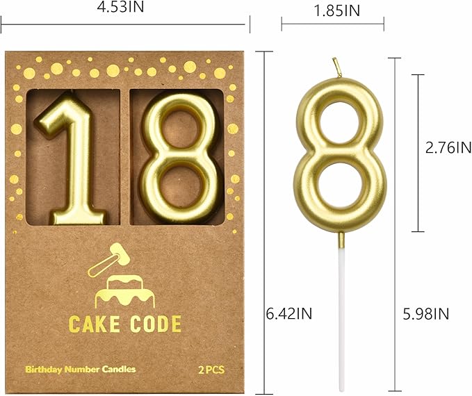 2.76 Inch Classical Gold 18 Number Birthday Candles, Gold Number Candles, Cake Number Candles, Party Celebration