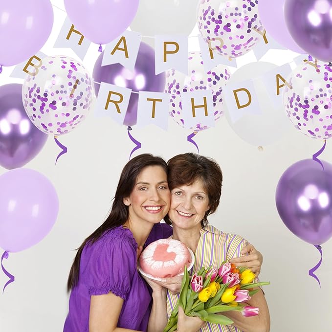 Happy Birthday Banner, Purple Birthday Decoration, 16 Pcs 12in Balloons with 2 Ribbons for Men Women Girls and Boys Party Decoration