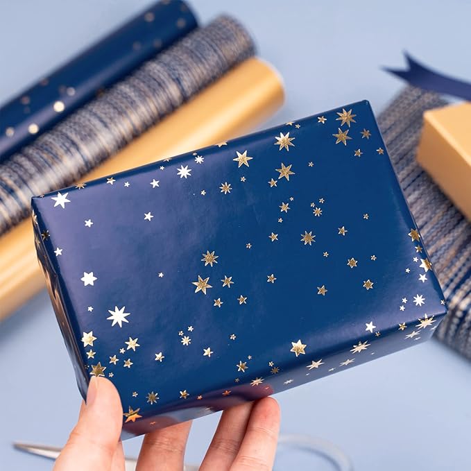 WRAPAHOLIC Wrapping Paper Roll - Mini Roll - 3 Rolls - 17 Inch X 120 Inch Per Roll - Navy and Gold Star/Stripe/Gold Pearlized Print for Birthday, Father's Day, Holiday, Party
