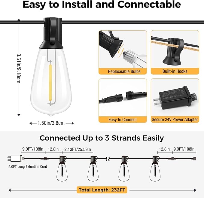 litogo LED Outdoor String Lights with Remote, 348ft (116x3) Waterproof Patio Lights with Shatterproof ST38 Edison Bulbs, Dimmable Outside String Light for Porch, Garden, Party, Bistro, Gazebos