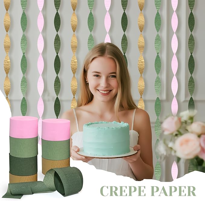 8 Rolls Moss Sage Green and Pink Crepe Paper Streamers for Wedding, Bridal Shower, Engagement Party Decorations - 82 Ft Long Boho Party Supplies
