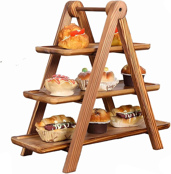 Wooden 3 Tier Serving Tray, Detachable Cupcake Stand, Rectangle Serving Platter Three Tiered Stand,Fruit,Appetizer,Dessert Decorative Tray Decor Party Food Table Display