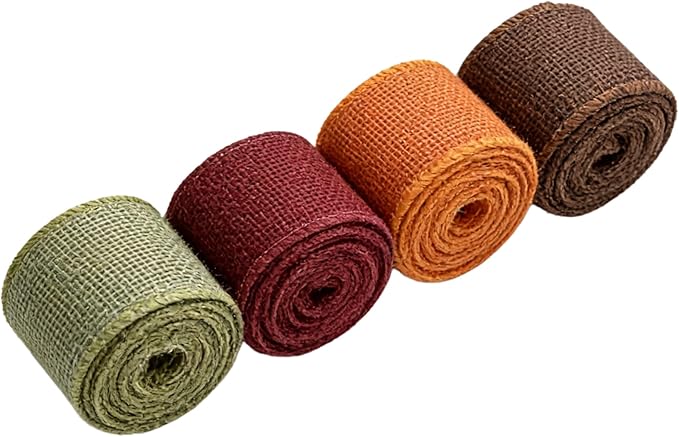 Meseey 1.5 Inch Fall Burlap Wired Ribbon Set, 4 Rolls Total 20 Yards Sage Green/Orange/Burgundy/Brown Solid Wired Edge Ribbons for Big Bows, Wreaths, Thanksgiving & Halloween Decor(FPR019)
