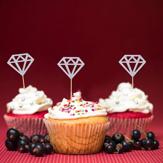 50 Pack Cupcake Toppers Silver Glitter Diamond Cakes Toppers Cupcake Decor Party Cake Decoration Supplies