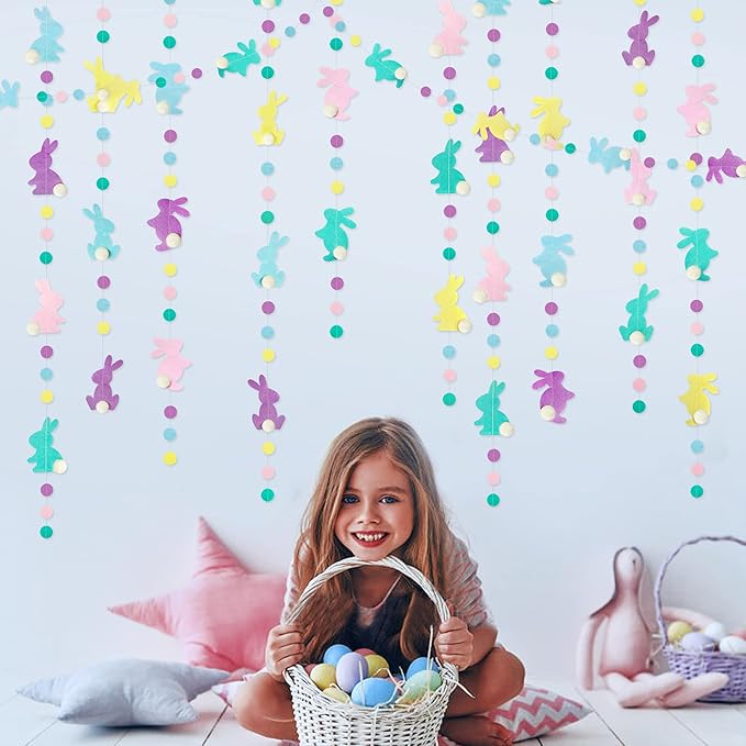 pinkblume Easter Party Decorations Pastel Easter Bunny Circle Dot Garland Streamer Hanging Felt Polka Dots Rabbit Easter Banner for Happy Easter Day Spring Birthday Tea Party Home Decorations Supplies